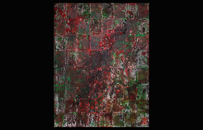 Ryan Cosbert, Chronic Soul, enamel, black-eyed peas, yams, watermelon, and gel medium on canvas, 60 x 46 in., 2020